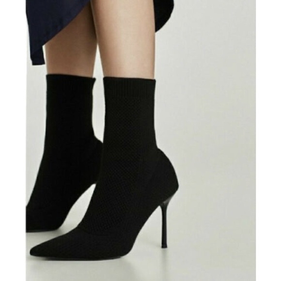 Zara Trafaluc Black Stretchy Sock Mesh Pointed Toe Ankle Boot Stiletto Heels - Picture 8 of 16